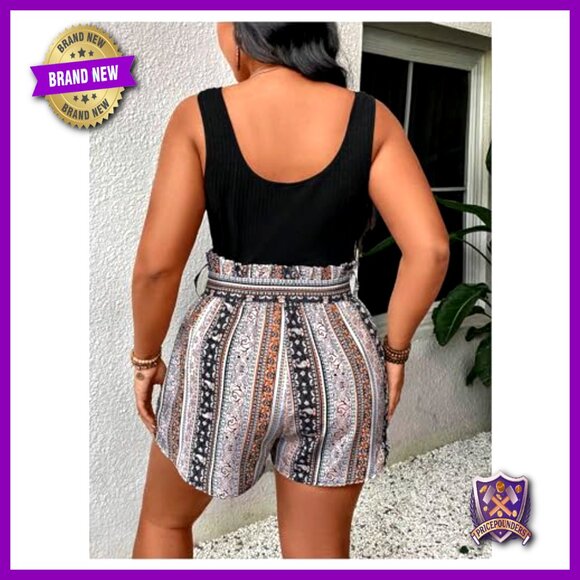Plus Size Tribal Print Short Jumpsuit Sleeveless V Neck Romper with Belt - Picture 2 of 5